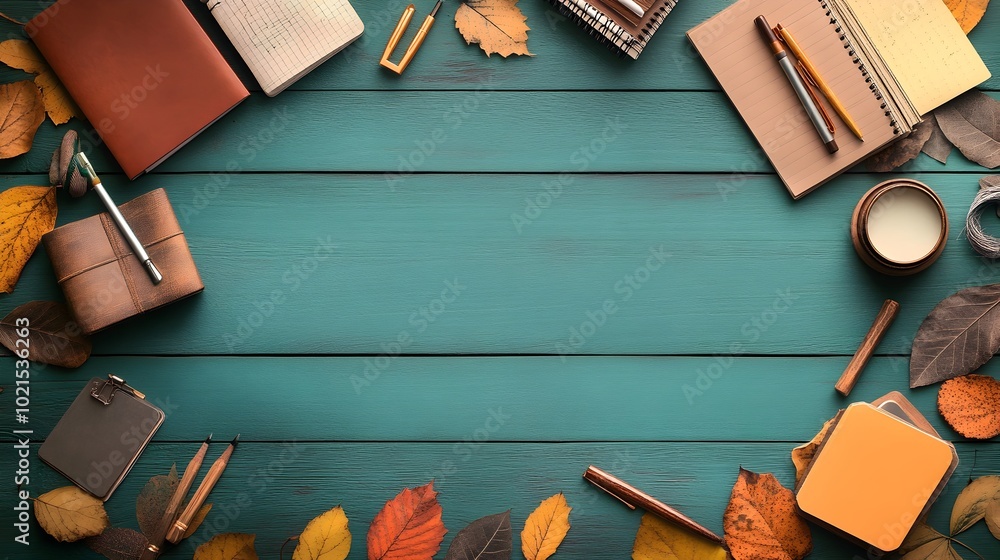 Poster rustic wooden table or workstation featuring an assortment of writing implements sketchpads and stud