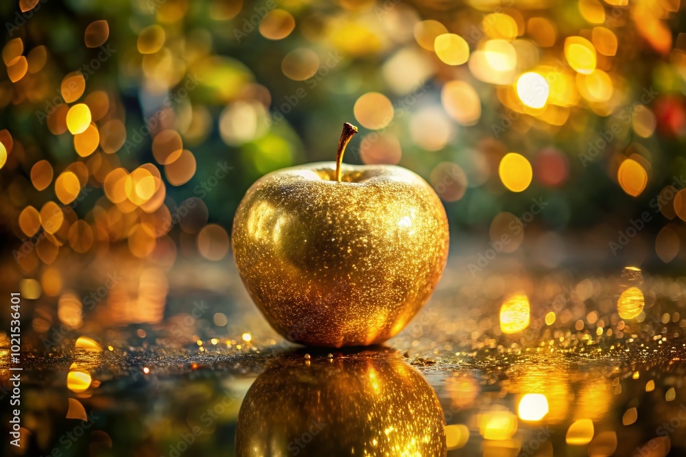 Poster shiny golden apple with sparkling surface on a soft focus background of nature and light reflections