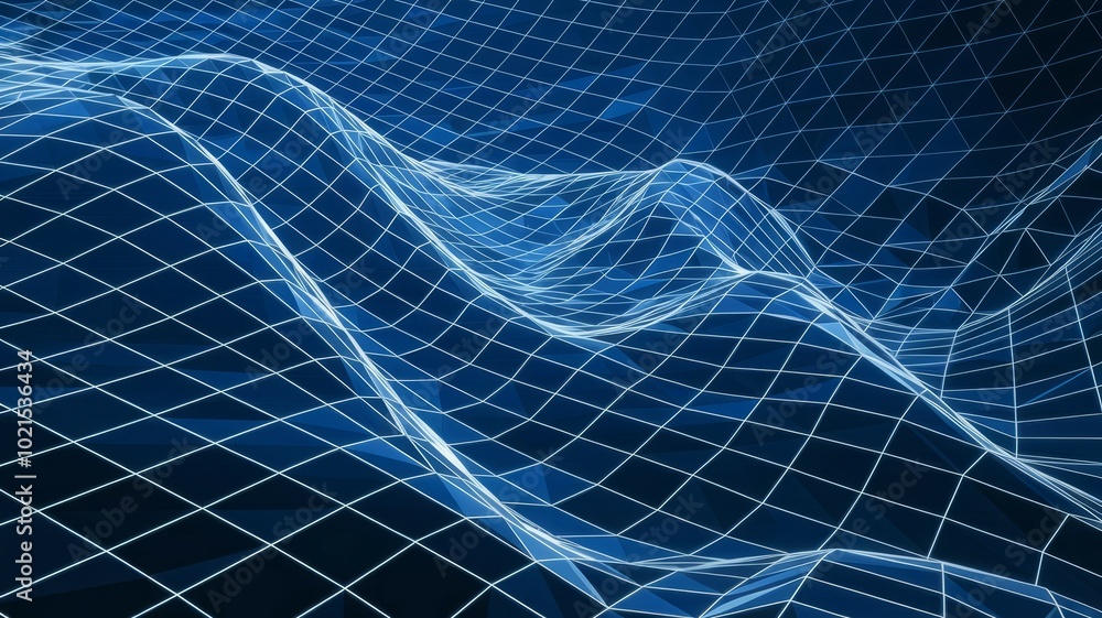 Poster digital landscape. abstract blue grid pattern with waves, resembling digital landscape or mesh netwo