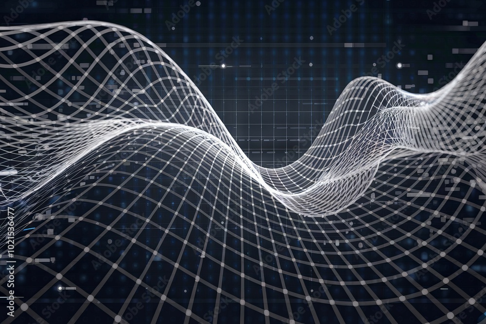 Poster digital wave grid. abstract digital grid with white lines flowing over a dark blue background. symbo