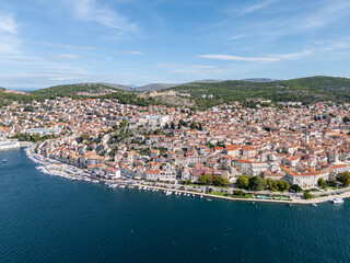 Aerial drone photo of the coastal town and city center of Sibenik in Croatia.