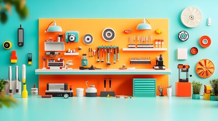 Multicolor 3D workshop room interior with an array of tools and supplies neatly organized on shelves an unoccupied floor