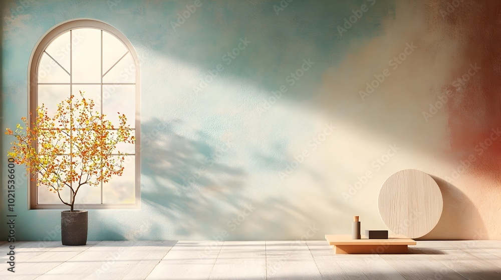 Poster minimalist and clean 3d rendered workspace with an abstract chromatic backdrop bare floor and wall a