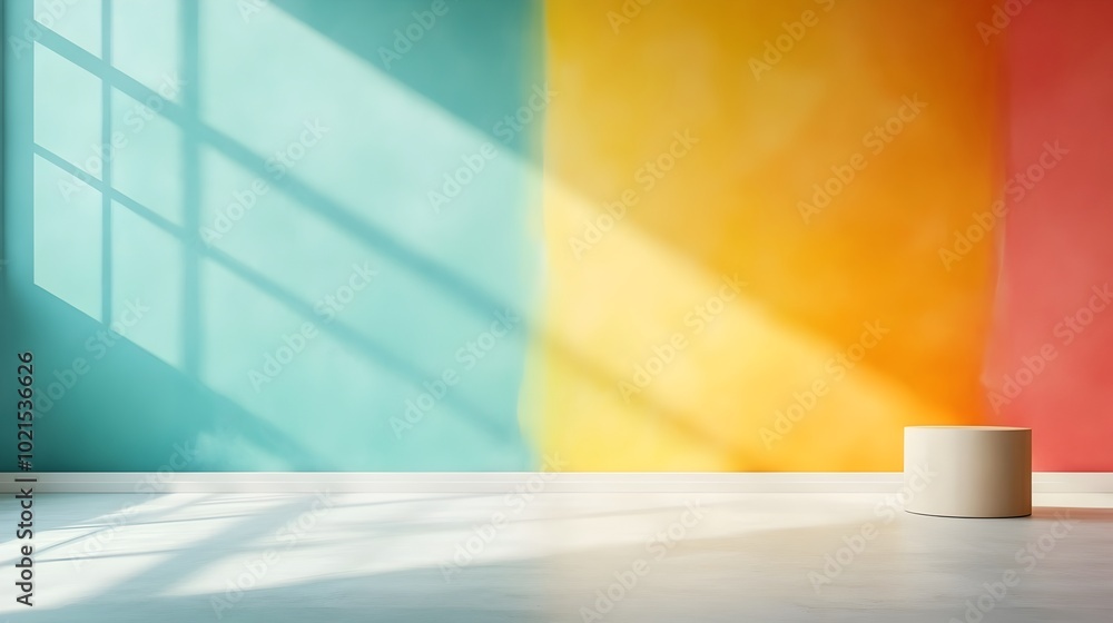Poster sleek and minimalist workspace setting with abstract chromatic backdrop bare floor and wall and a pr