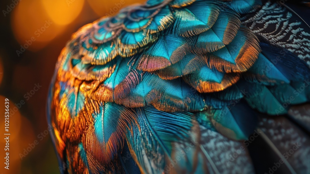Poster close-up of a peacockas vibrant tail feathers, showing the intricate patterns and shimmering colors.