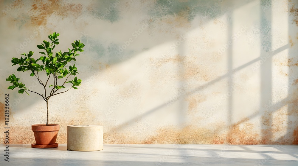 Poster minimalist and modern 3d rendered clean workspace scene with abstract chromatic backdrop bare floor 