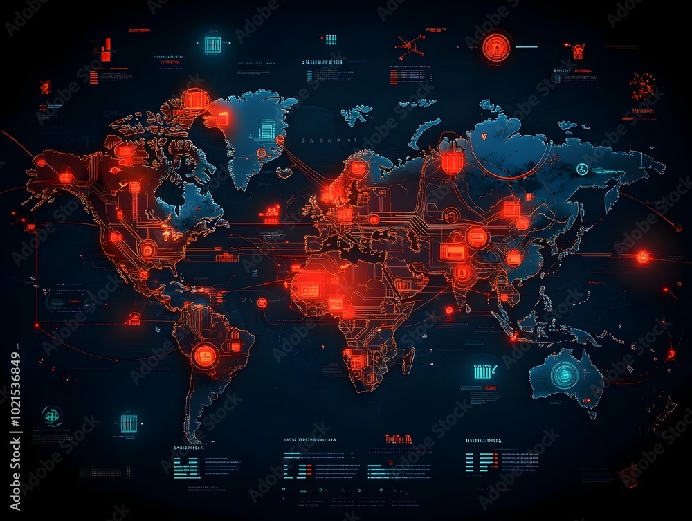 Poster expansive data rich world map depicting the intricate web of ai powered international logistics with