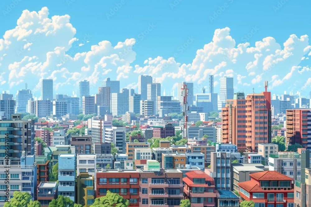 Sticker Colorful Cityscape Illustration with Sunny Day