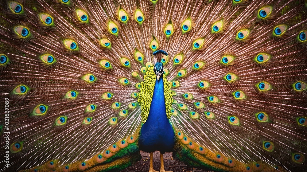 Poster close-up of a peacockas vibrant tail feathers, showing the intricate patterns and shimmering colors.