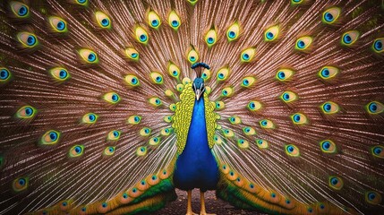Obraz premium Close-up of a peacockas vibrant tail feathers, showing the intricate patterns and shimmering colors.