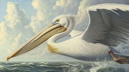 Close-up of a pelicanas large beak and white feathers as it glides gracefully over the water.