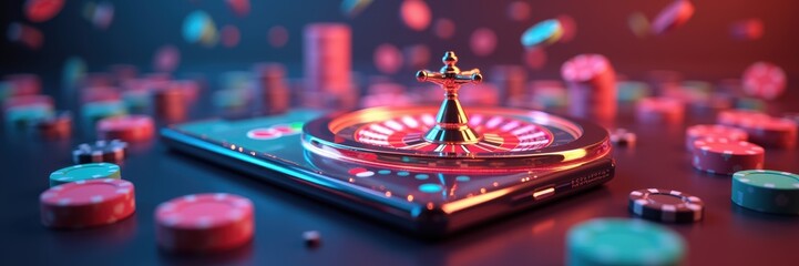 Vibrant digital roulette wheel on a smartphone, symbolizing modern online gambling. Perfect for promoting gaming apps and casino websites.