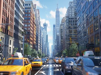 New York City Street Scene with Skyscrapers and Vehicles
