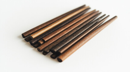 Obraz premium Variety of wooden chopsticks arranged on a white background with different shades and sizes