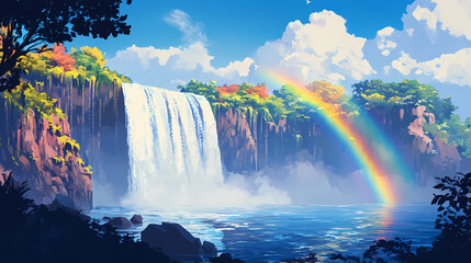 Fototapeta premium Rainbow over waterfall modern pop art. Rainbow Over Waterfall. Illustration
