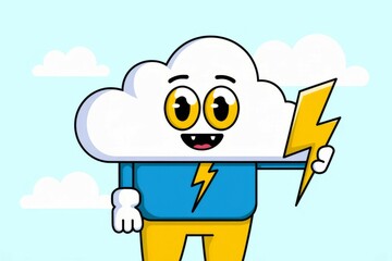 Happy cloud with lightning. Cartoon illustration of a smiling cloud holding a lightning bolt. Represents power, energy, and storm.