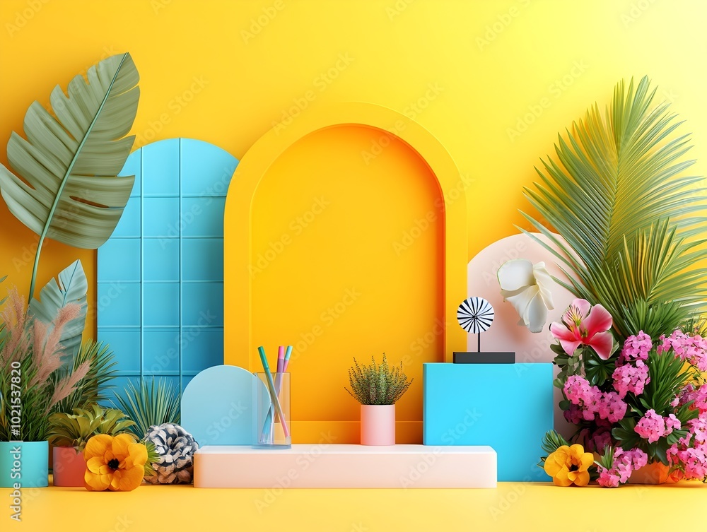 Aufkleber bright yellow backdrop highlights 3d studio scene with minimalist floor and wall layout featuring pr