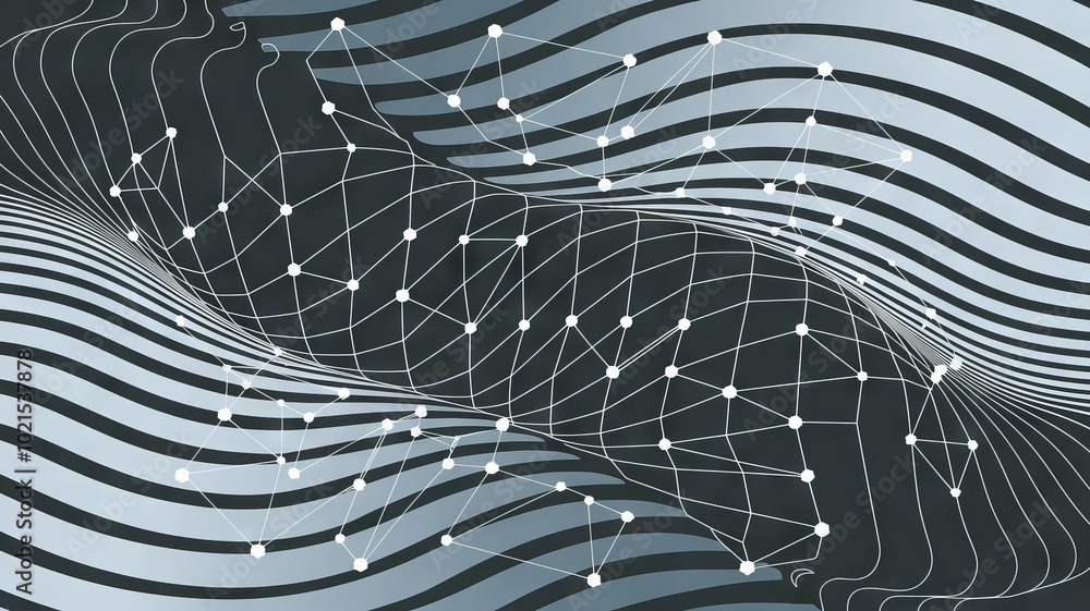 Poster abstract wavy design. abstract background with wavy lines, geometric shapes, and a network of dots. 