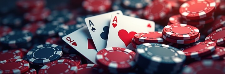 Obraz premium Close up of playing cards and poker chips, ideal for gambling related projects, promotions, or gaming websites, conveying excitement and risk.