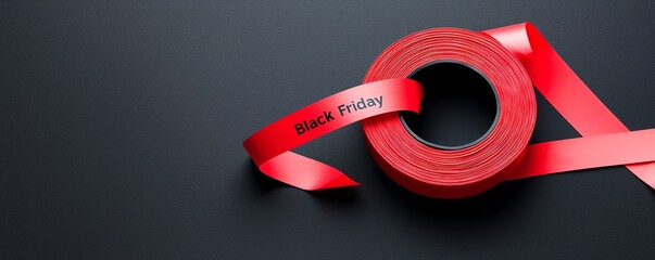 A vibrant red ribbon with decorative patterns rests on a dark surface, showcasing the words "Black Friday."