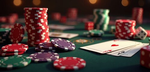A vibrant casino scene featuring poker chips, playing cards, and dice, perfect for illustrating gambling, gaming, or entertainment concepts.
