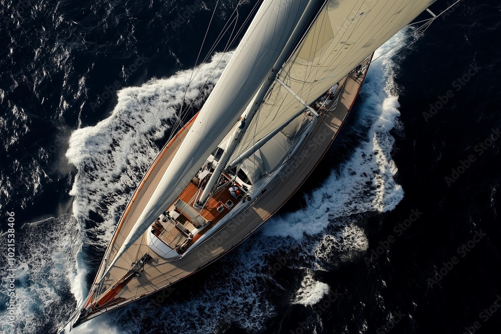 Wall mural sailing yacht view from above, drone shot