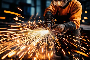 A man in overalls and a mask cuts metal with a grinder, disc grinder, sparks fly, welder