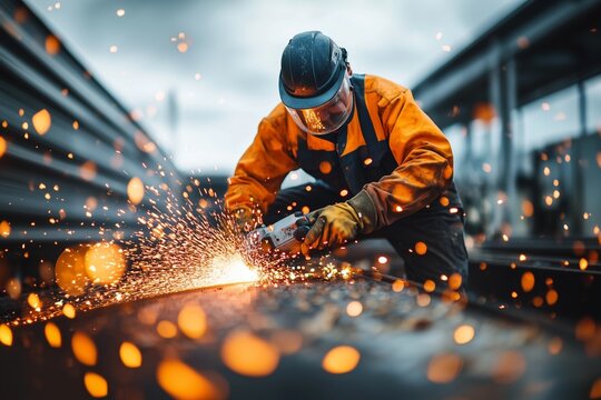 A man in overalls and a mask cuts metal with a grinder, disc grinder, sparks fly, welder
