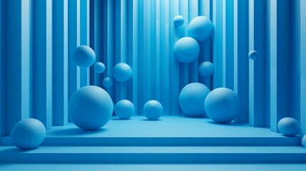 Abstract Blue Geometric Scene with Floating Spheres