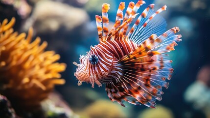 Close-up of a red lionfishas spines and patterned body, with its venomous form swimming gracefully near coral.