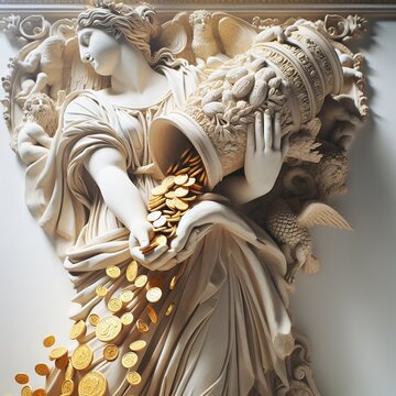 An image of Fortuna goddess  holding a cornucopia from which she distributes golden coins