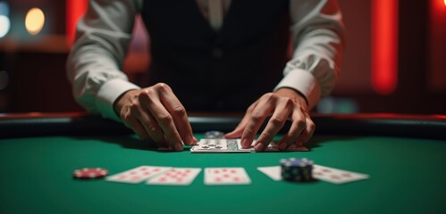 A focused shot of a dealer placing cards on a green felt poker table, highlighting the thrill of gambling and strategy in a casino environment.