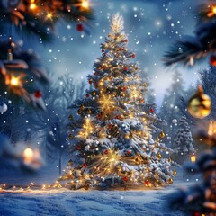 Christmas Tree Decorated with Lights and Snow