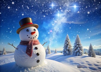 Obraz premium Snowman Looking Up at a Clear Blue Sky Surrounded by Sparkling Snow in a Winter Wonderland Scene