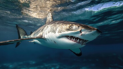Fototapeta premium Close-up of a shark's sharp teeth and sleek body as it swims swiftly through the ocean, ready to hunt.