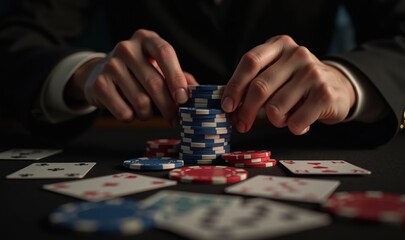 A close up of hands expertly stacking poker chips over a table laid with playing cards, capturing the essence of strategy and excitement in a gambling atmosphere.