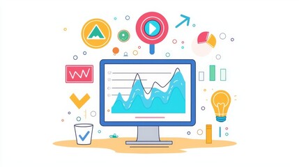 Illustration of a computer screen displaying data analytics and various icons representing business, technology, and innovation.