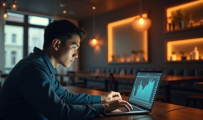 A focused young man analyzes data on his laptop in a cozy café setting, ideal for illustrating modern work environments and digital analysis.