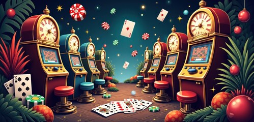 A vibrant illustration of a casino scene featuring colorful slot machines, playing cards, and a lively atmosphere, perfect for gaming and entertainment themed projects.