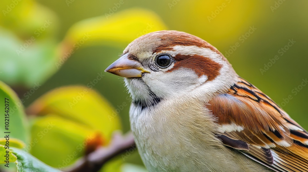 Poster close-up of a sparrow tiny beak and soft feathers, with its brown and white plumage blending into a 