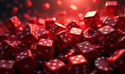 A vibrant heap of red dice and casino chips, perfect for conveying thrill and chance in gambling or game related projects.