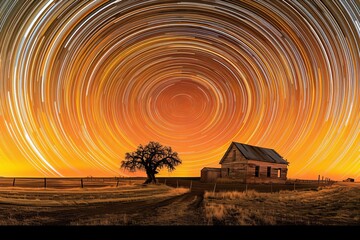 Cosmic Dance Star Trails Paint a Dazzling Vortex over Abandoned Farmhouse, Night Sky Timelapse