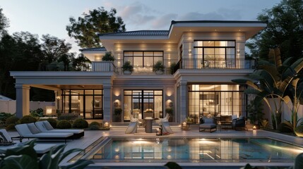 Fototapeta premium Luxury Mansion with Stunning Pool Evening View