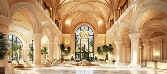 Fototapeta premium An elegant hotel lobby with grand architecture, high ceilings, and stylish furnishings