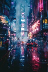 Obraz premium Rainy Cyberpunk City Street Scene with People