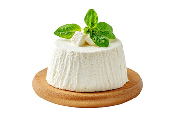 Fresh ricotta cheese with basil isolated on white background. Concept of dairy products and healthy...