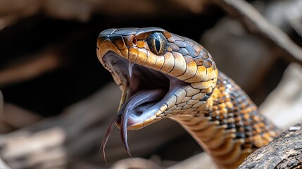 Obraz premium Close-up of a taipan snakeas venomous fangs exposed as it strikes, with deadly precision.
