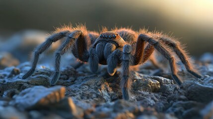 Close-up of a tarantulaas hairy legs and venomous fangs as it crawls over rocky terrain.