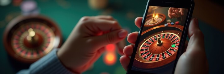 Obraz premium A hand holding a smartphone displaying a roulette game, reflecting the excitement of online gambling and casino entertainment.