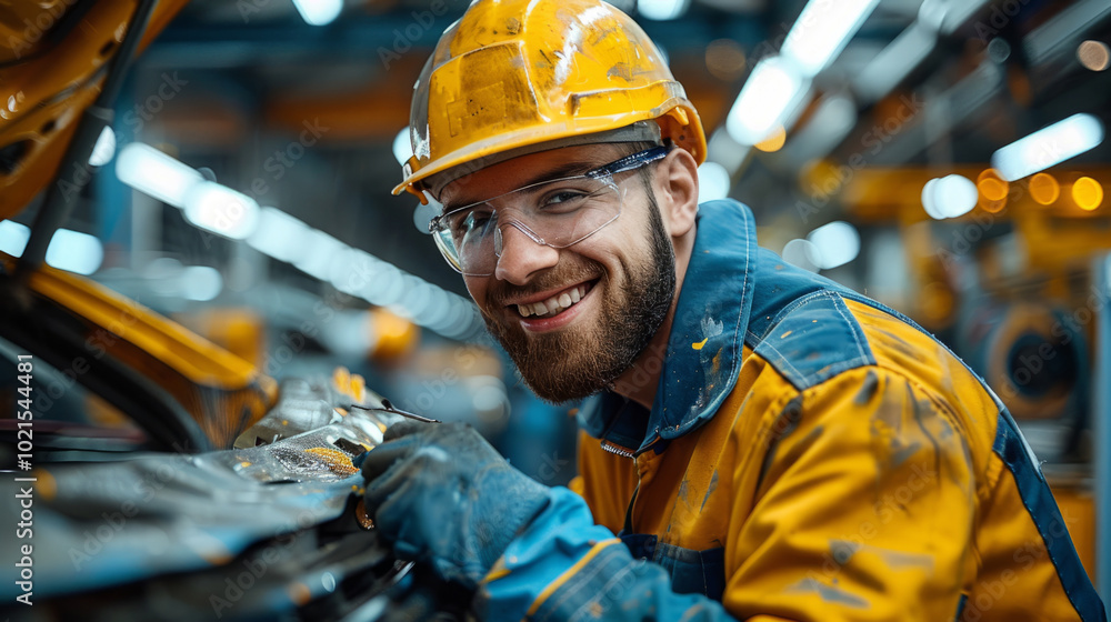 Aufkleber a man in a yellow jacket and a hard hat is smiling while working on a car